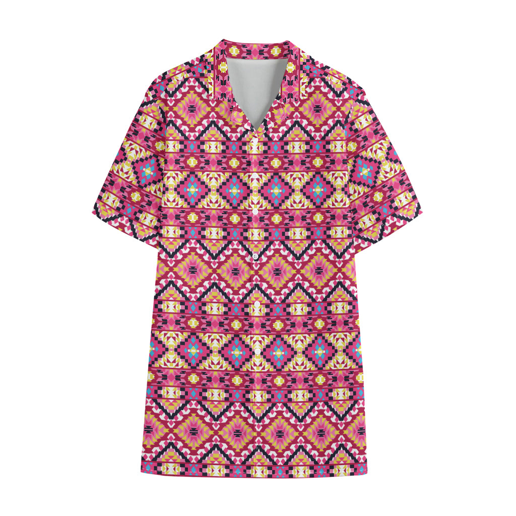 Pink Aztec Geometric Pattern Print Cotton Hawaiian Shirt