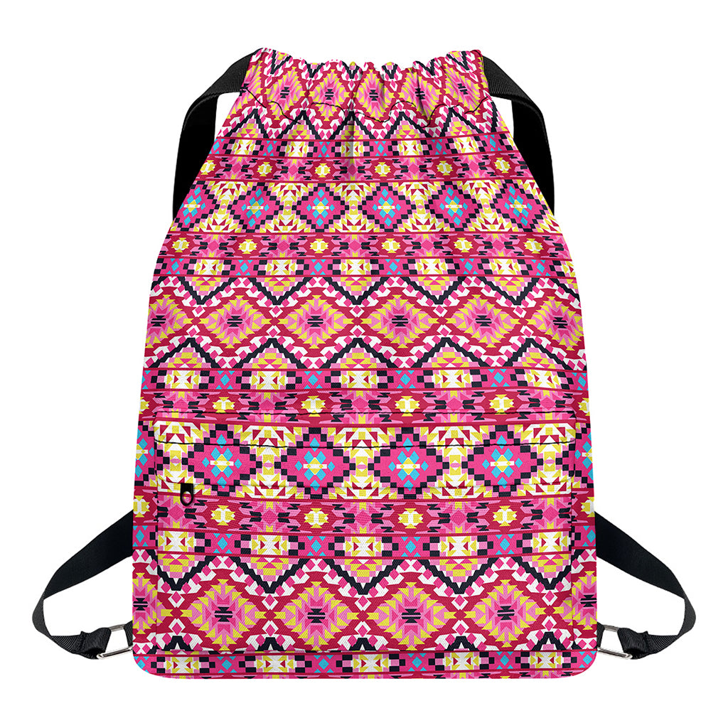 Pink Aztec Geometric Pattern Print Drawstring Backpack
