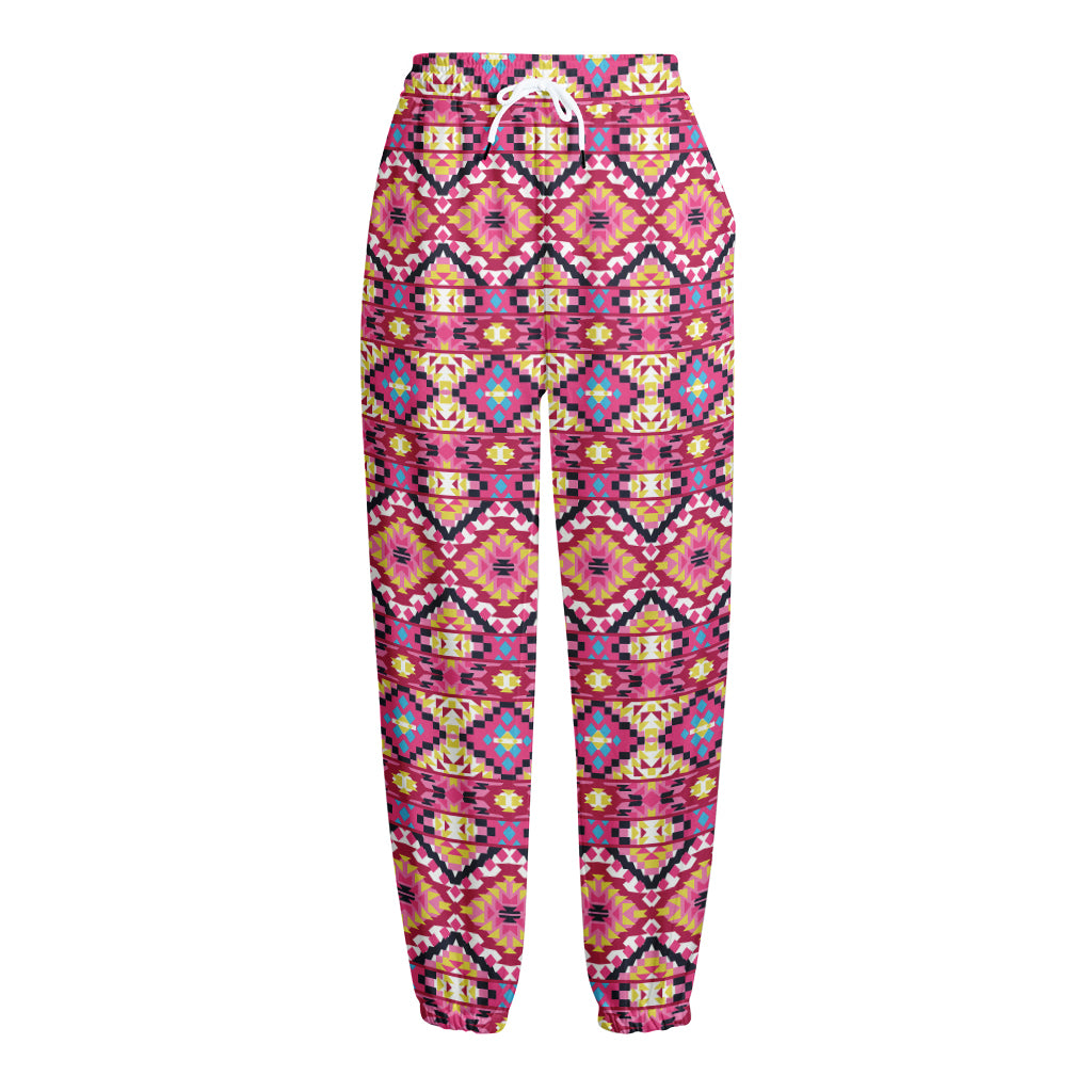 Pink Aztec Geometric Pattern Print Fleece Lined Knit Pants