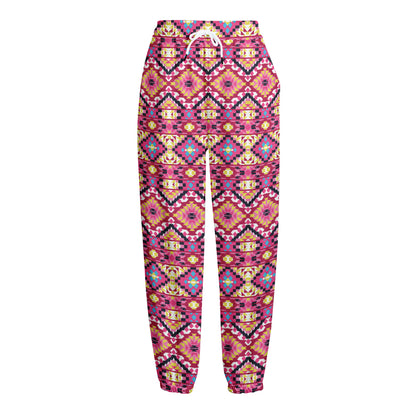 Pink Aztec Geometric Pattern Print Fleece Lined Knit Pants