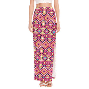 Pink Aztec Geometric Pattern Print High Slit Maxi Skirt