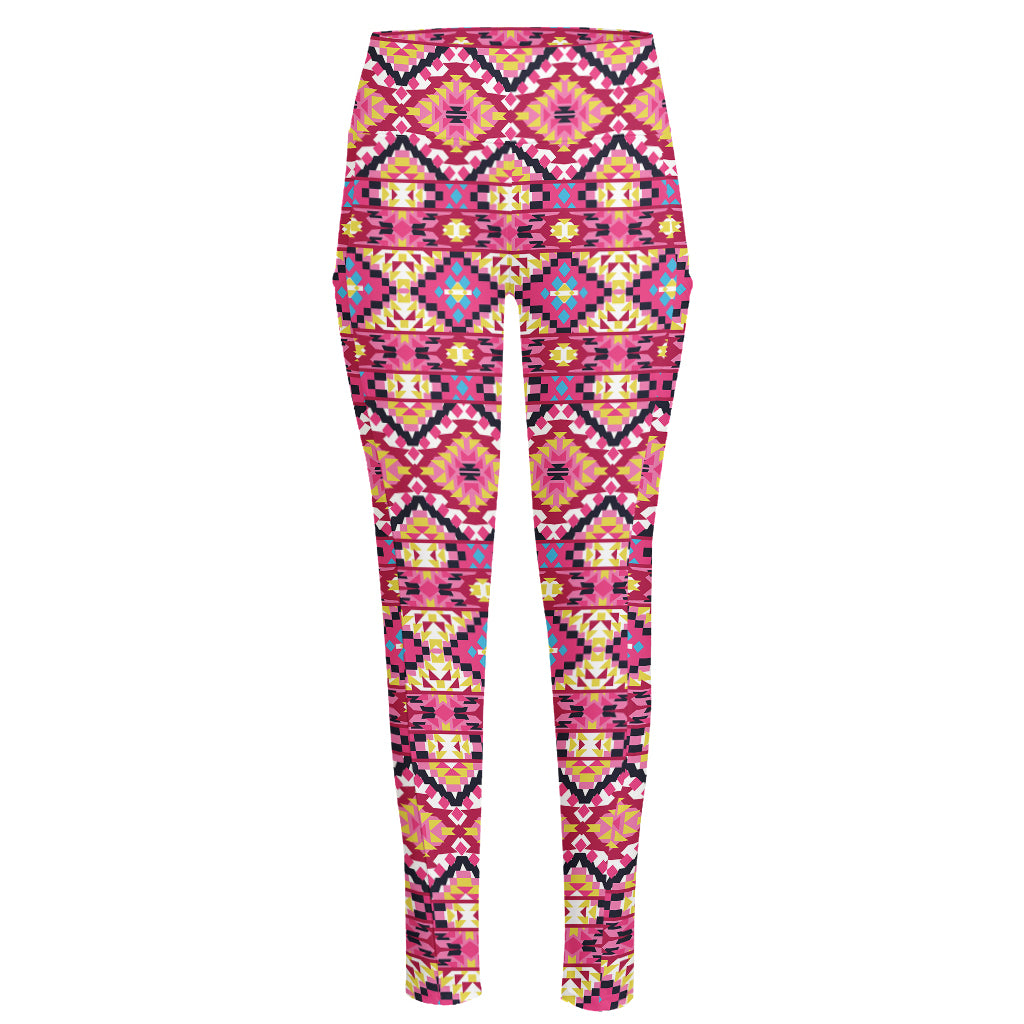 Pink Aztec Geometric Pattern Print High-Waisted Pocket Leggings