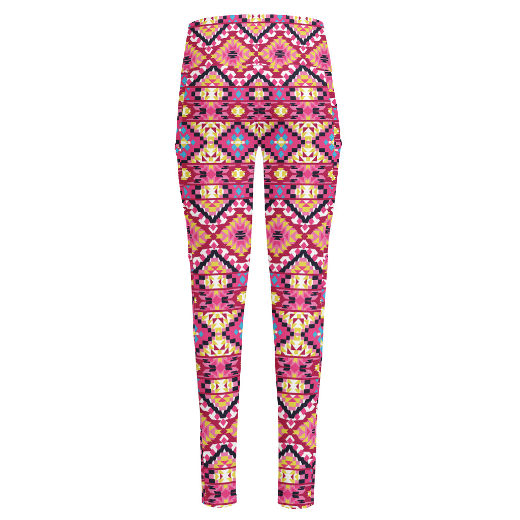 Pink Aztec Geometric Pattern Print High-Waisted Pocket Leggings