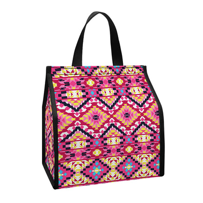 Pink Aztec Geometric Pattern Print Insulated Lunch Tote