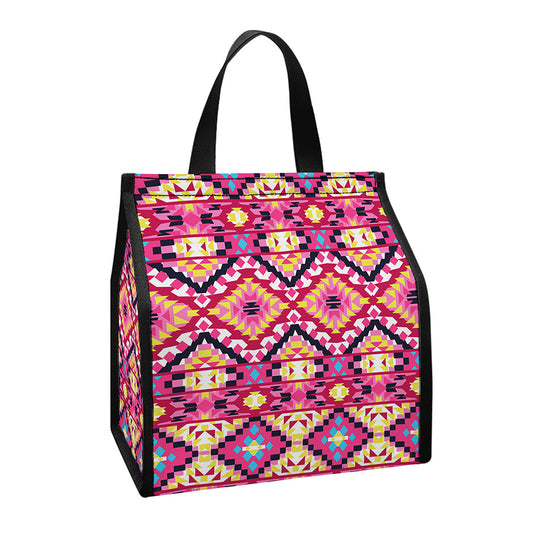 Pink Aztec Geometric Pattern Print Insulated Lunch Tote