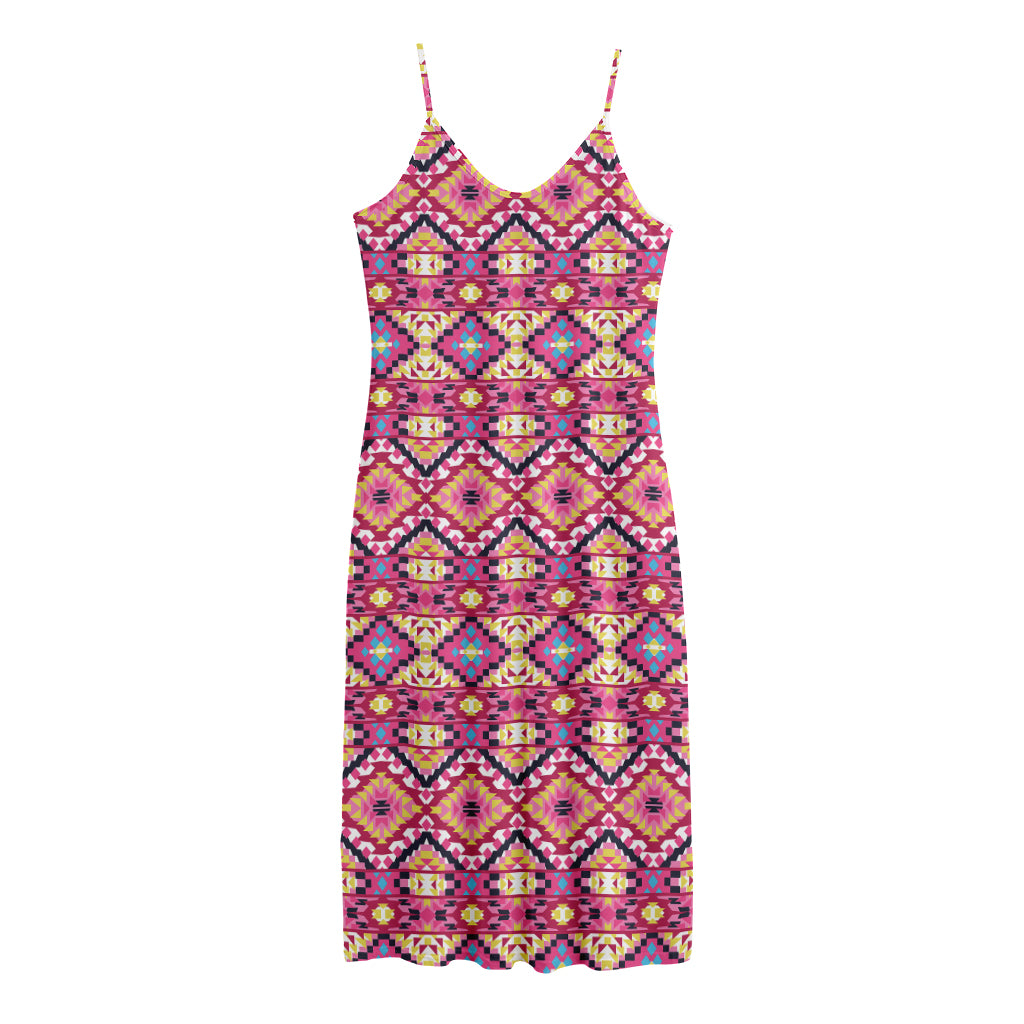 Pink Aztec Geometric Pattern Print Jersey Midi Cami Dress