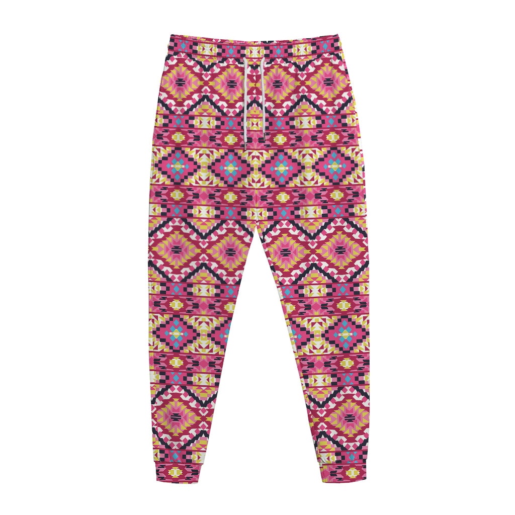 Pink Aztec Geometric Pattern Print Jogger Pants