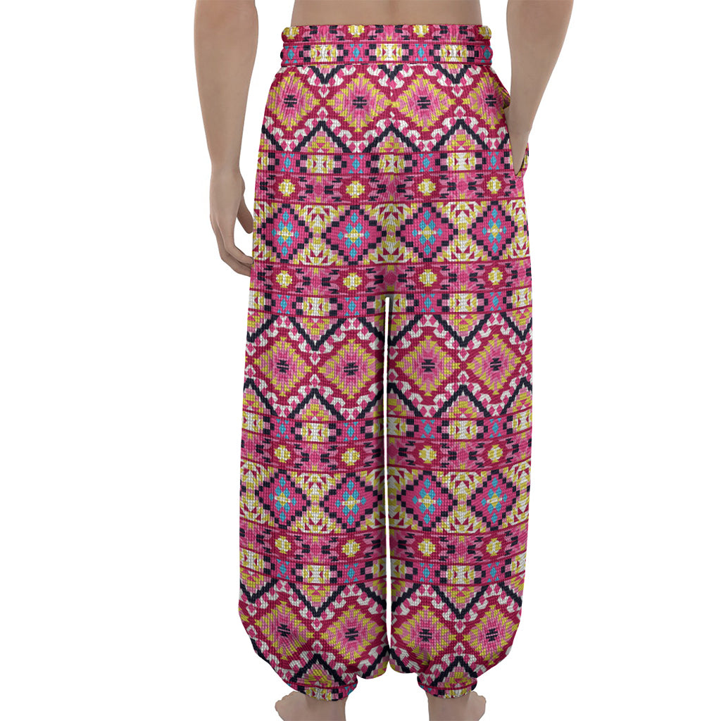 Pink Aztec Geometric Pattern Print Lantern Pants