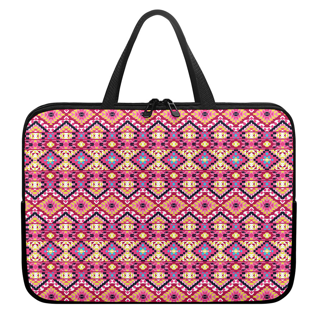 Pink Aztec Geometric Pattern Print Laptop Sleeve With Handle