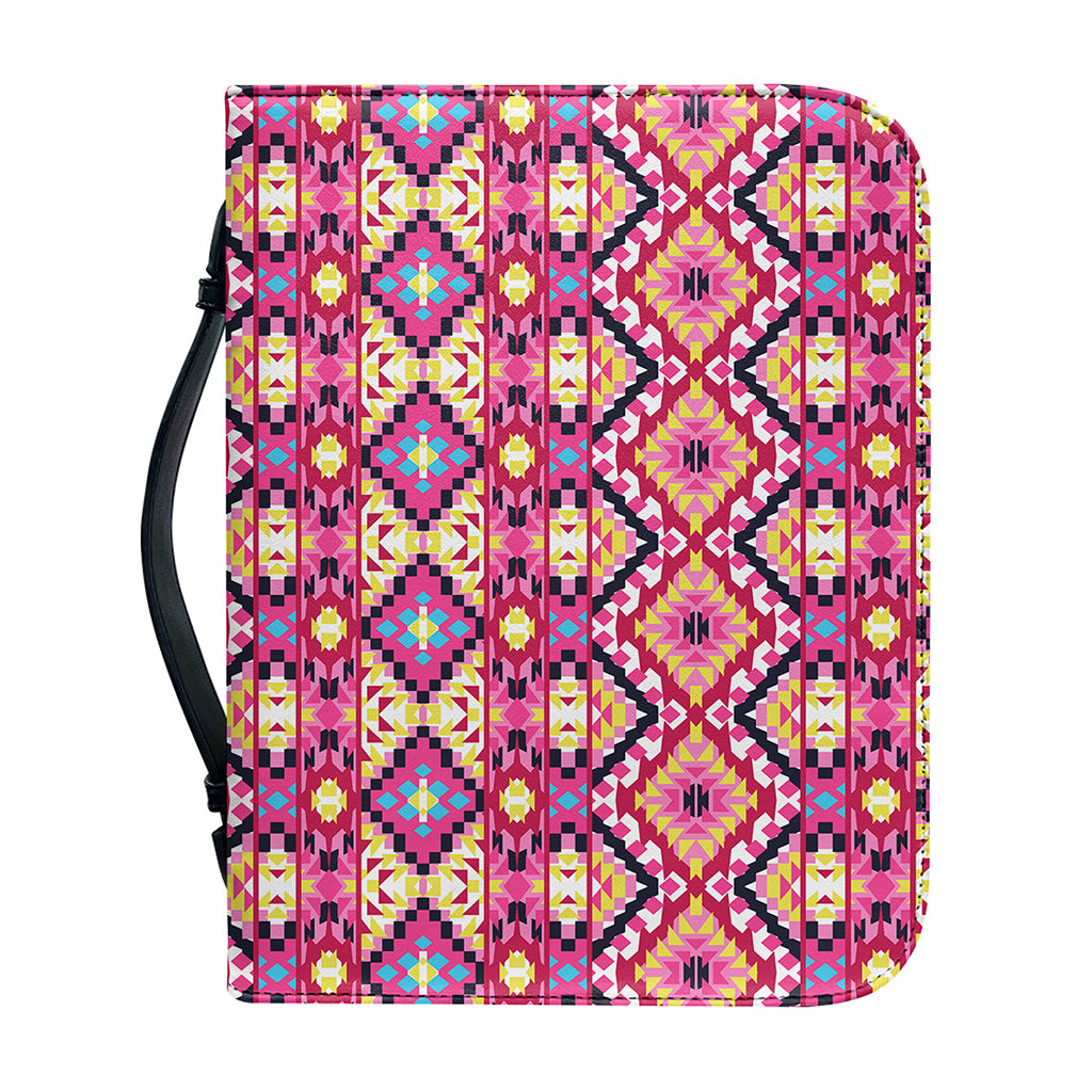 Pink Aztec Geometric Pattern Print Leather Bible Cover