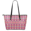 Pink Aztec Geometric Pattern Print Leather Tote Bag