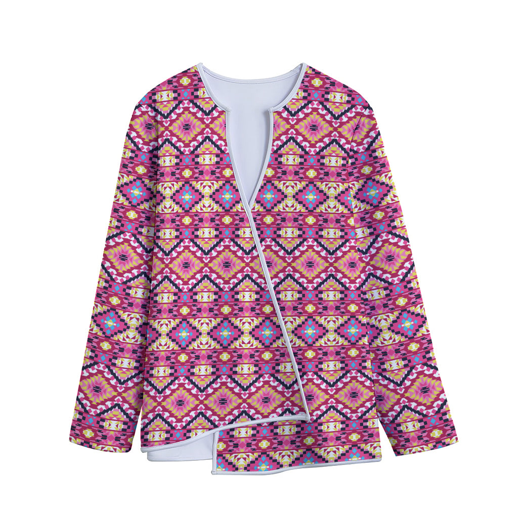 Pink Aztec Geometric Pattern Print Long Sleeve Short Coat