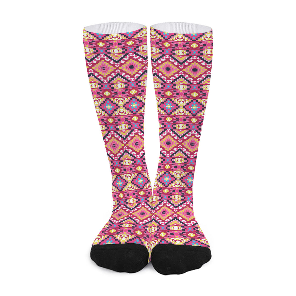 Pink Aztec Geometric Pattern Print Long Socks