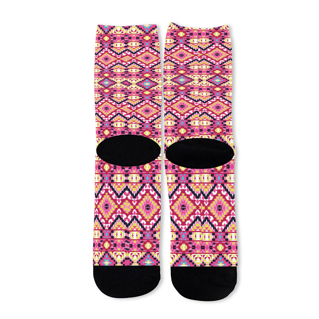 Pink Aztec Geometric Pattern Print Long Socks