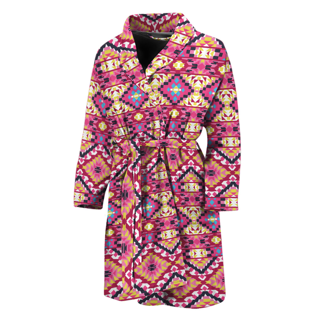 Pink Aztec Geometric Pattern Print Men's Bathrobe