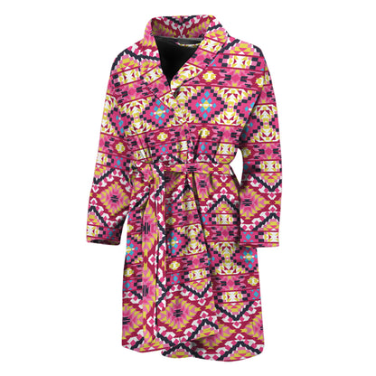 Pink Aztec Geometric Pattern Print Men's Bathrobe