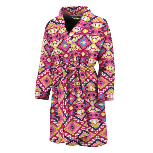 Pink Aztec Geometric Pattern Print Men's Bathrobe