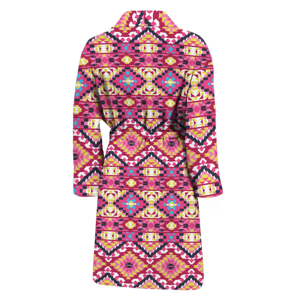 Pink Aztec Geometric Pattern Print Men's Bathrobe