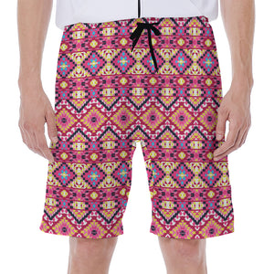 Pink Aztec Geometric Pattern Print Men's Beach Shorts