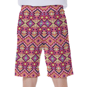 Pink Aztec Geometric Pattern Print Men's Beach Shorts