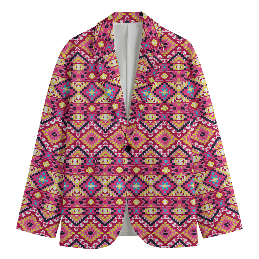 Pink Aztec Geometric Pattern Print Men's Cotton Blazer