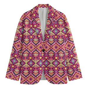 Pink Aztec Geometric Pattern Print Men's Cotton Blazer