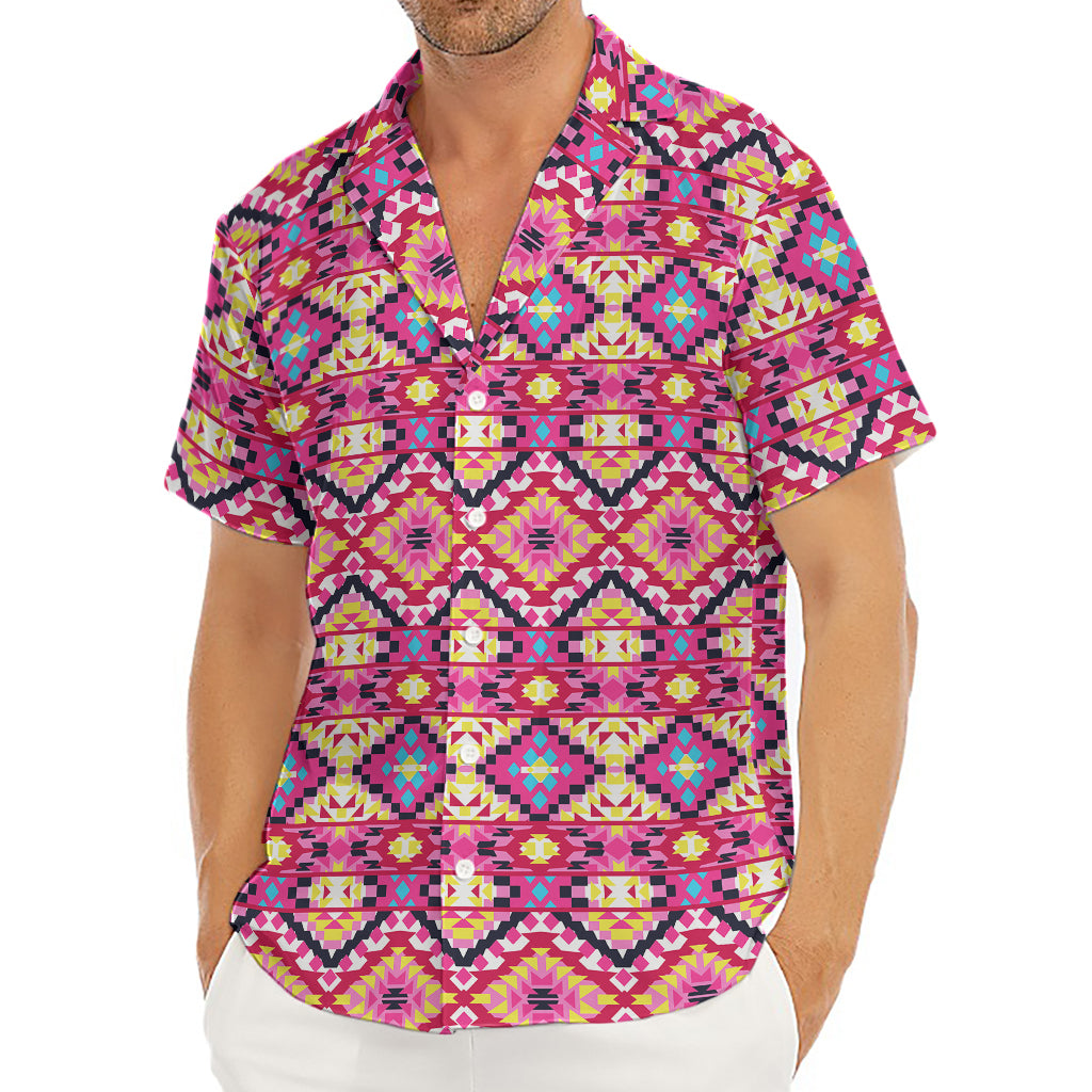 Pink Aztec Geometric Pattern Print Men's Deep V-Neck Shirt