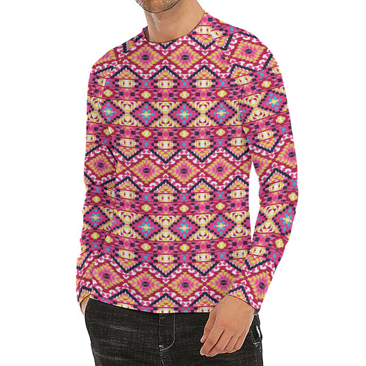 Pink Aztec Geometric Pattern Print Men's Long Sleeve Rash Guard