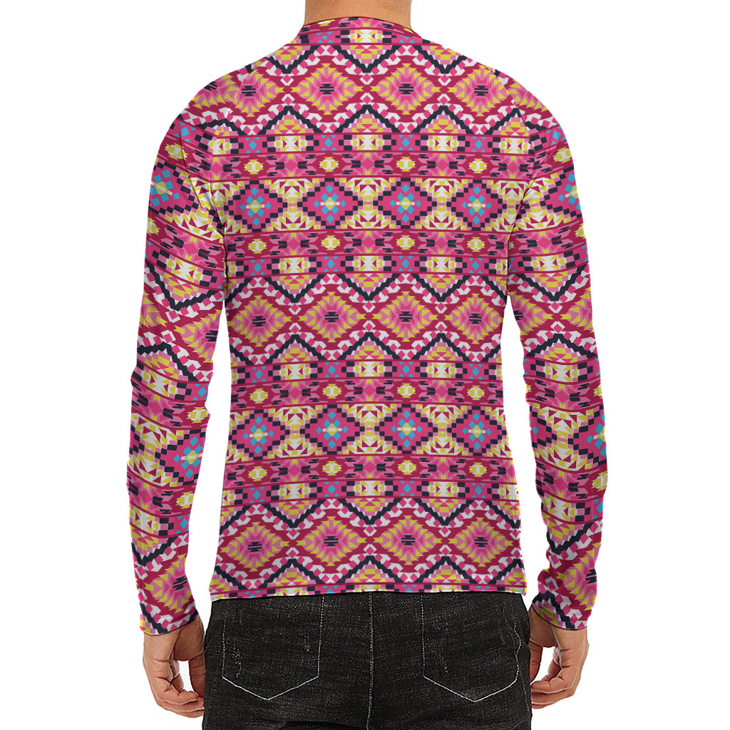 Pink Aztec Geometric Pattern Print Men's Long Sleeve Rash Guard