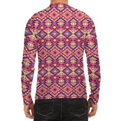 Pink Aztec Geometric Pattern Print Men's Long Sleeve Rash Guard