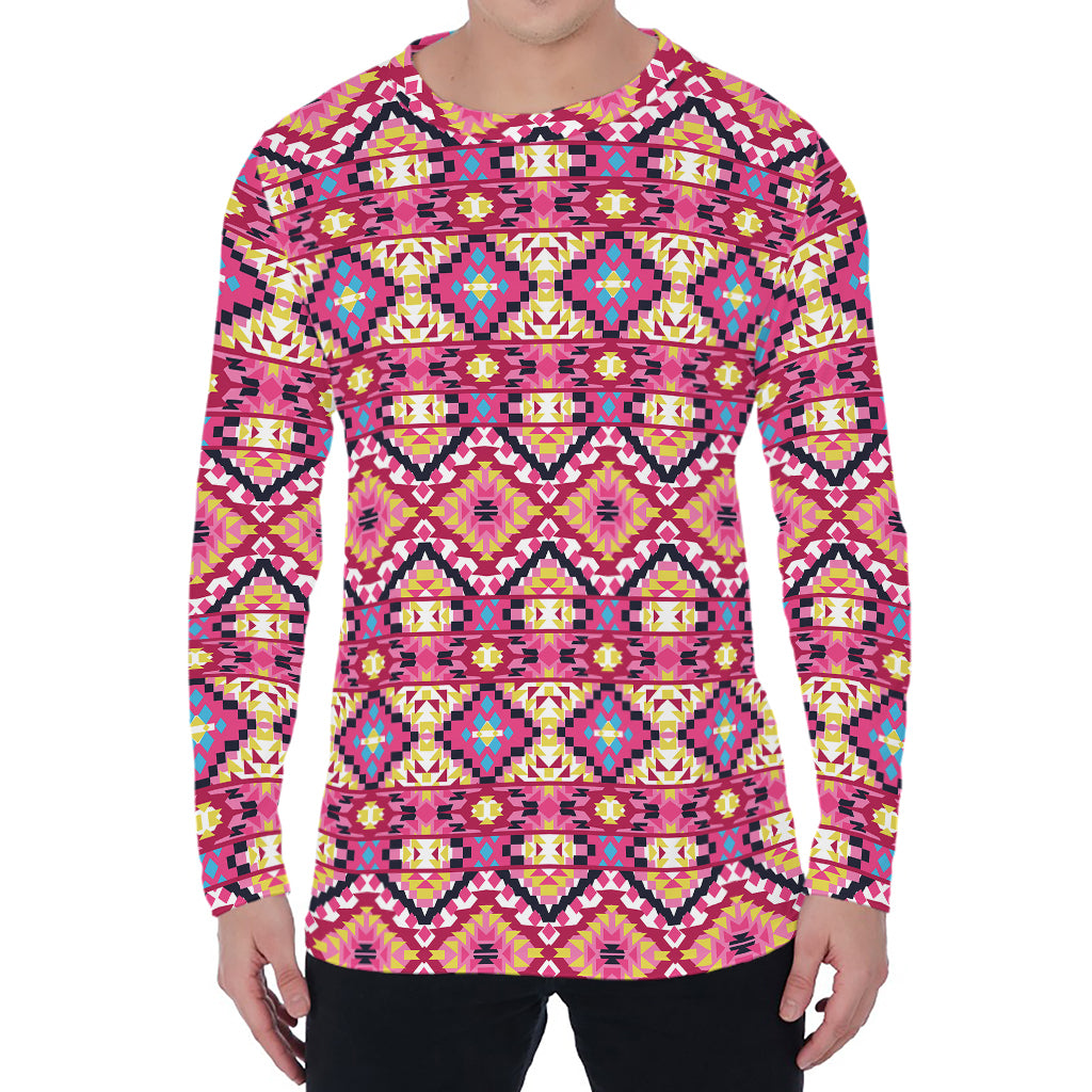 Pink Aztec Geometric Pattern Print Men's Long Sleeve T-Shirt