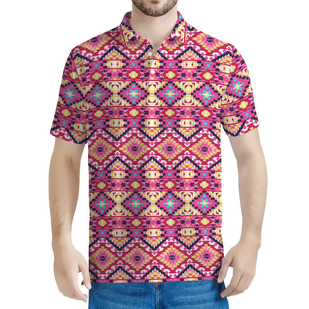 Pink Aztec Geometric Pattern Print Men's Polo Shirt