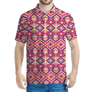 Pink Aztec Geometric Pattern Print Men's Polo Shirt