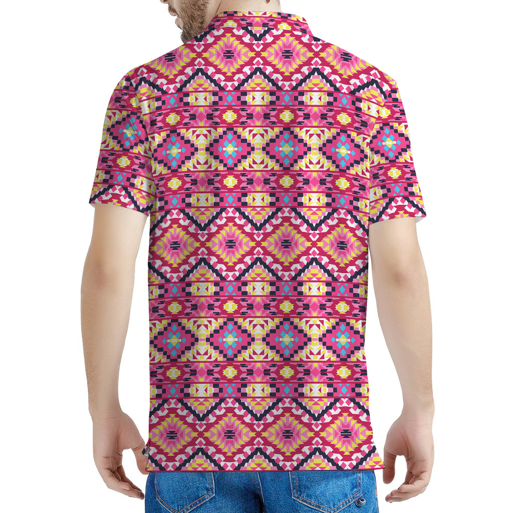 Pink Aztec Geometric Pattern Print Men's Polo Shirt