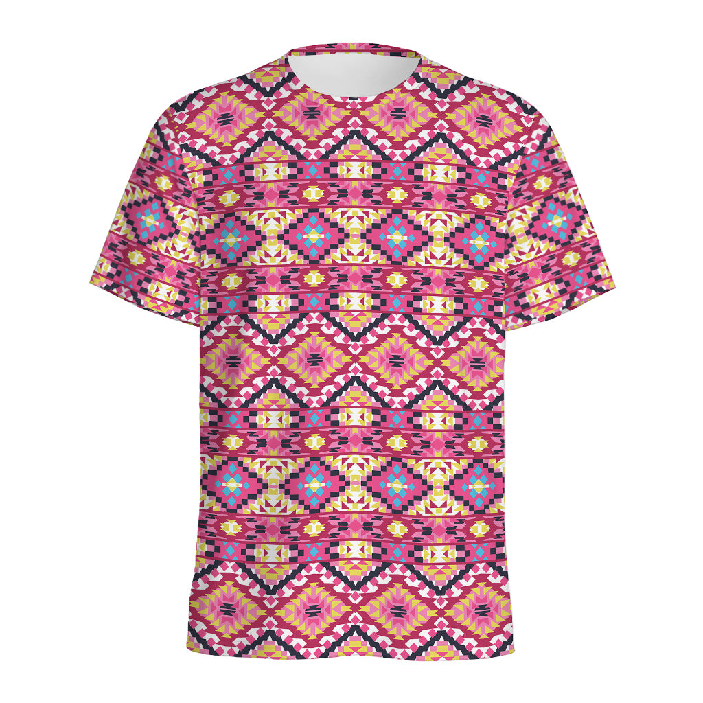 Pink Aztec Geometric Pattern Print Men's Sports T-Shirt