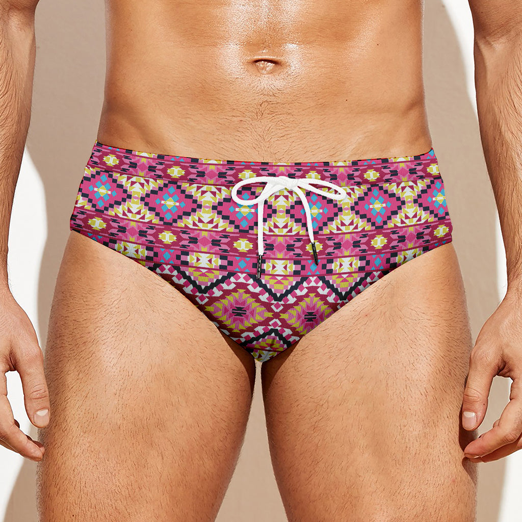 Pink Aztec Geometric Pattern Print Men's Swim Briefs