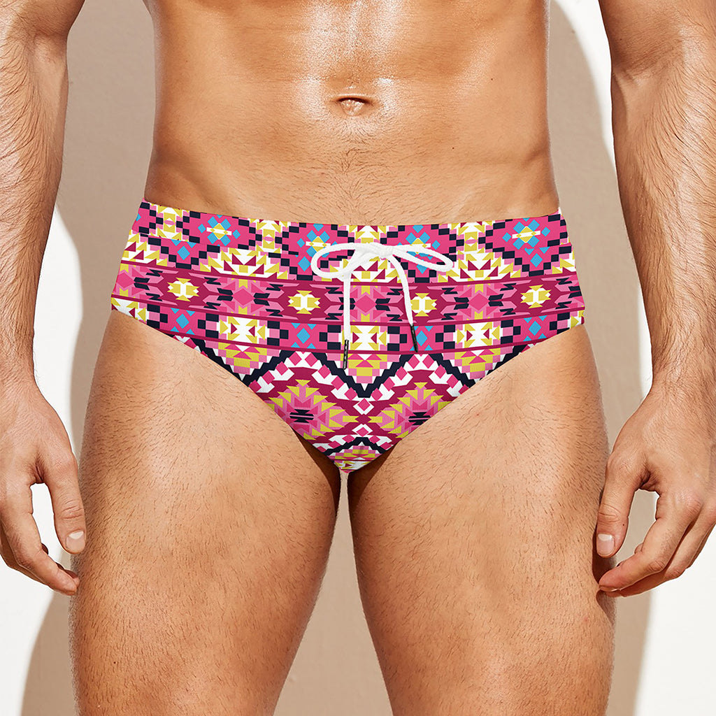 Pink Aztec Geometric Pattern Print Men's Swim Briefs