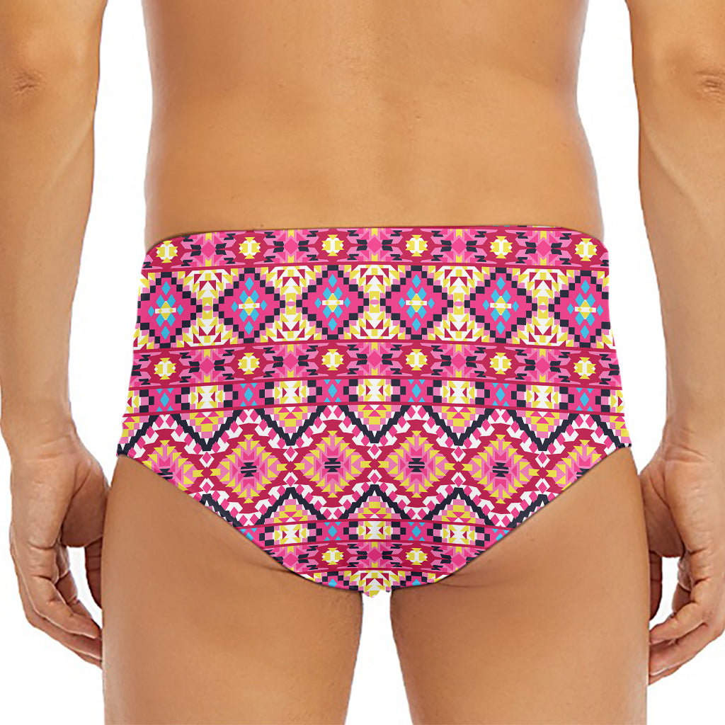 Pink Aztec Geometric Pattern Print Men's Triangle Swim Briefs