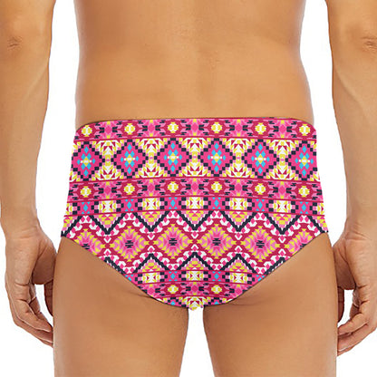 Pink Aztec Geometric Pattern Print Men's Triangle Swim Briefs