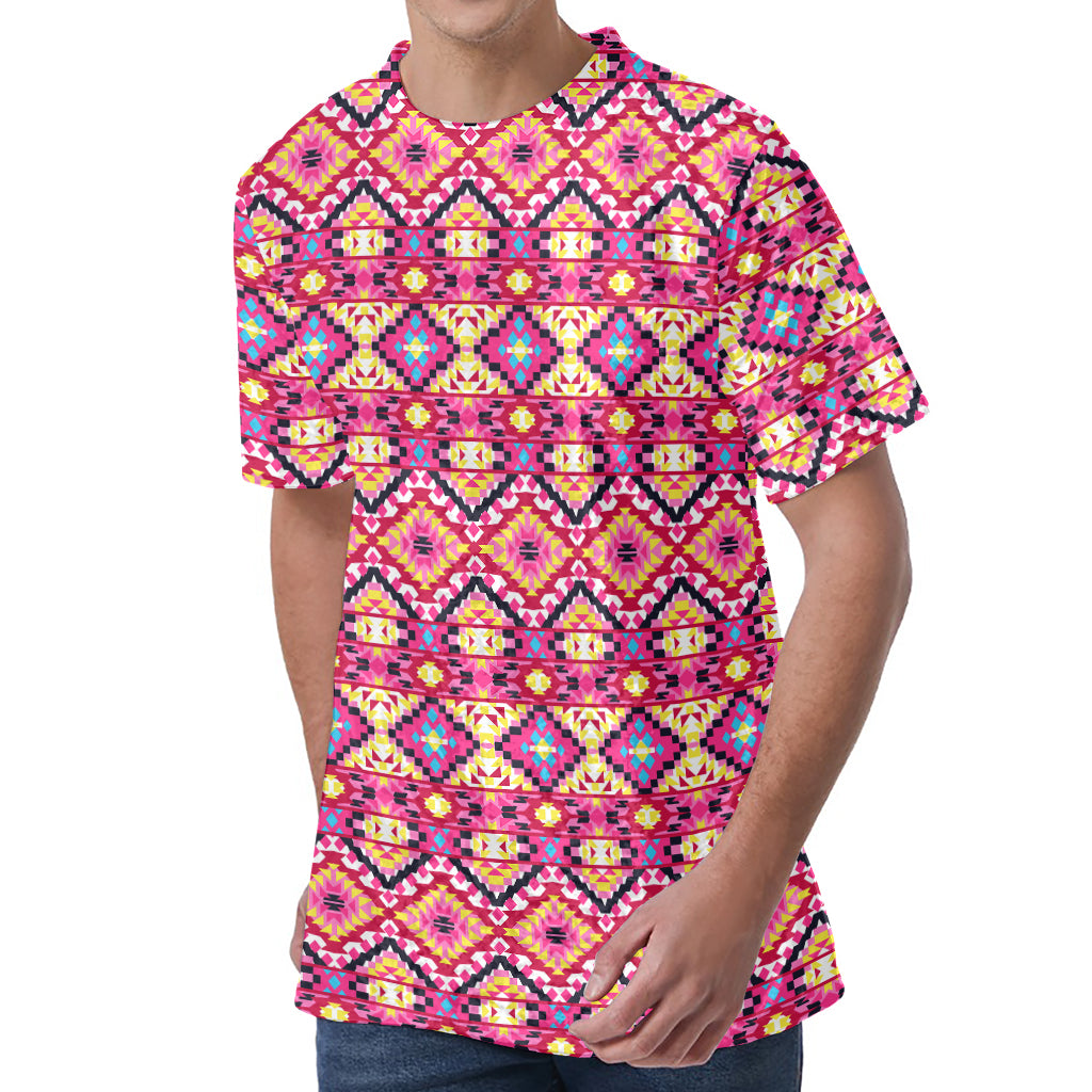 Pink Aztec Geometric Pattern Print Men's Velvet T-Shirt