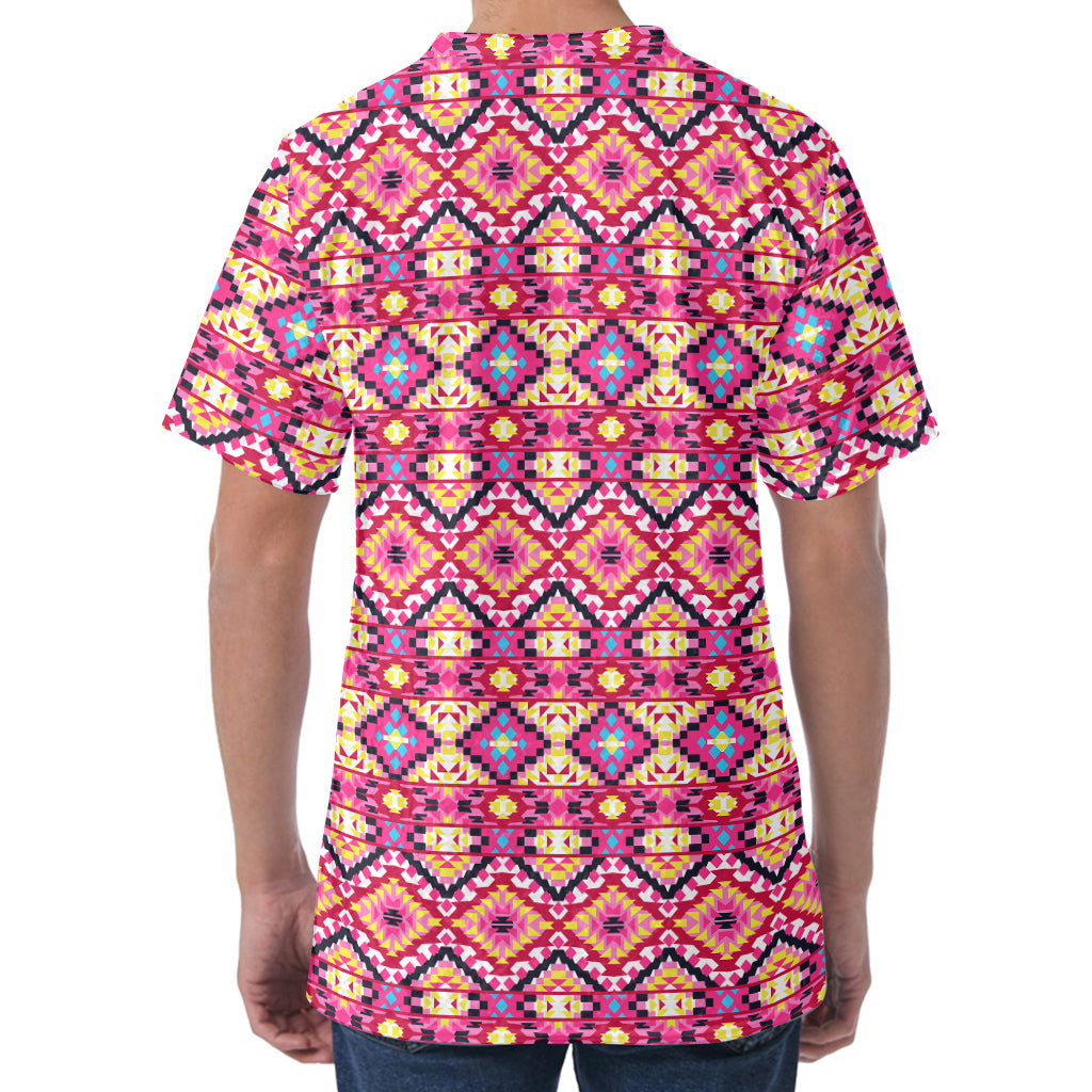 Pink Aztec Geometric Pattern Print Men's Velvet T-Shirt