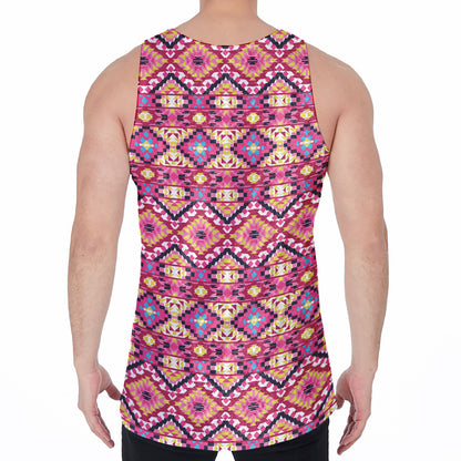 Pink Aztec Geometric Pattern Print Men's Velvet Tank Top