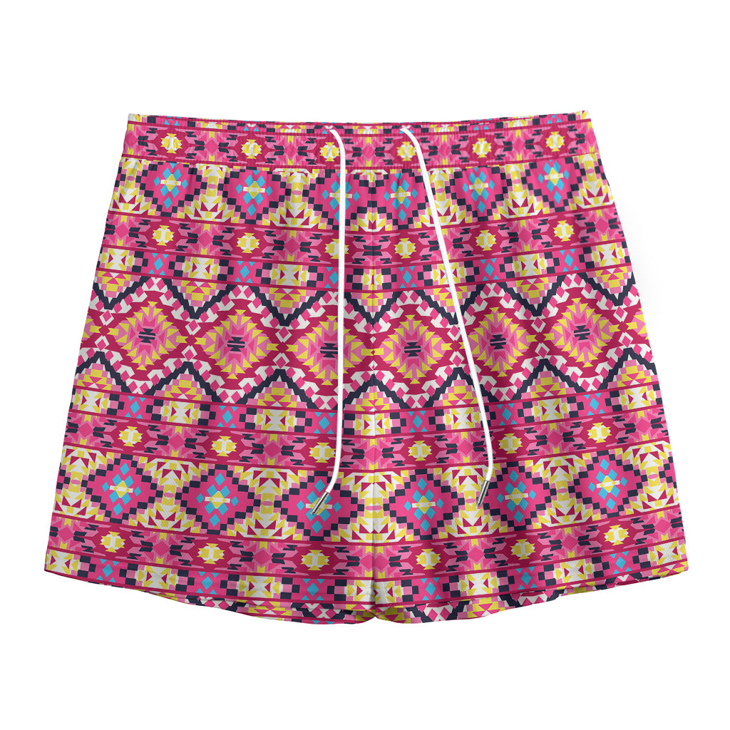 Pink Aztec Geometric Pattern Print Mesh Shorts
