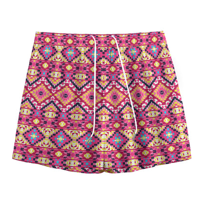 Pink Aztec Geometric Pattern Print Mesh Shorts