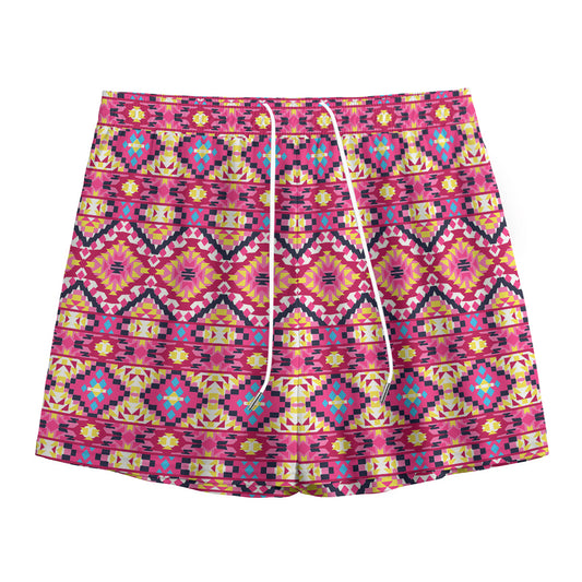 Pink Aztec Geometric Pattern Print Mesh Shorts