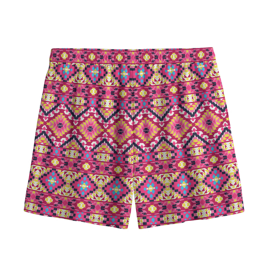Pink Aztec Geometric Pattern Print Mesh Shorts