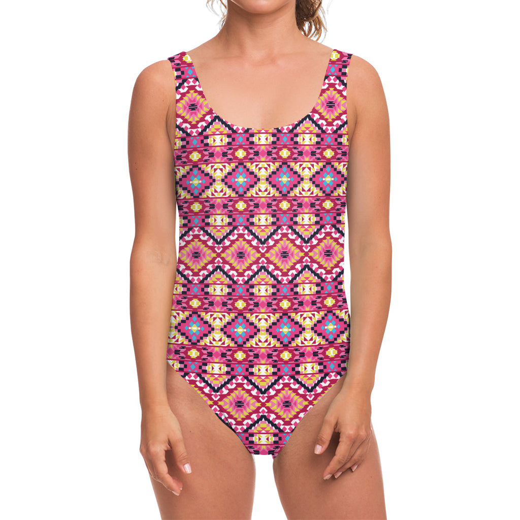 Pink Aztec Geometric Pattern Print One Piece Swimsuit