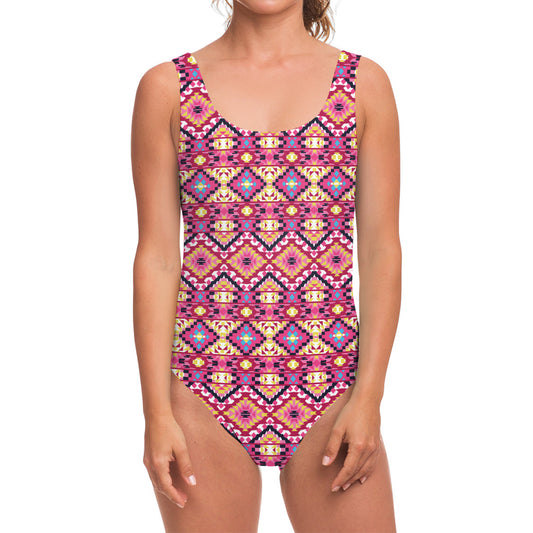 Pink Aztec Geometric Pattern Print One Piece Swimsuit