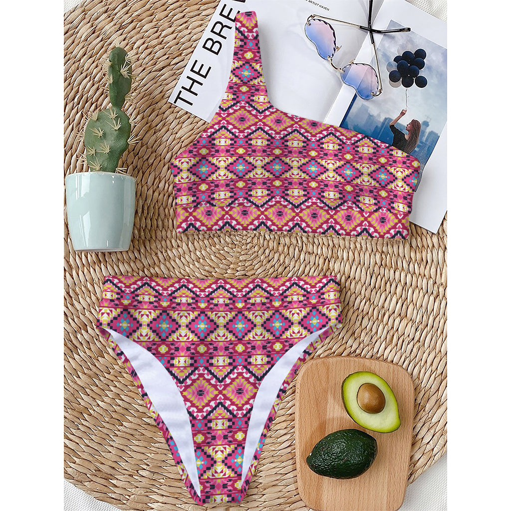 Pink Aztec Geometric Pattern Print One Shoulder Bikini Top