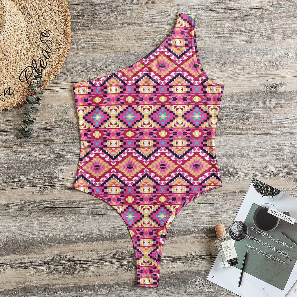 Pink Aztec Geometric Pattern Print One Shoulder Bodysuit